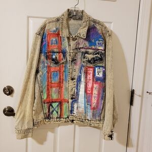 Vintage 80s Sport DECO Denim Jacket! SAN FRANCISCO Golden Gate Bridge Tr…